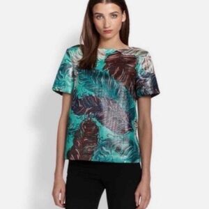 kate spade Teal and Brown Feather-Print Short Sleeve Top